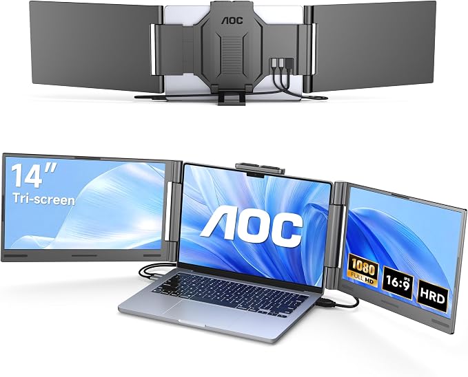 AOC 14" Laptop Screen Extender, Triple Portable Monitor for 13”-17.3" Laptops, 1080P FHD IPS Display, HDMI/USB-C Cable Plug-Play, Laptop Monitor Extender for Mac/Windows (Gray)