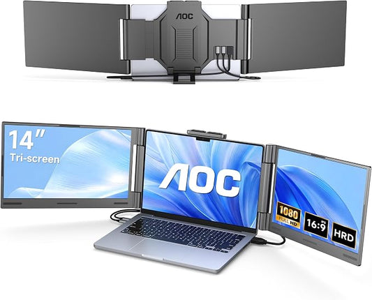 AOC 14" Laptop Screen Extender, Triple Portable Monitor for 13”-17.3" Laptops, 1080P FHD IPS Display, HDMI/USB-C Cable Plug-Play, Laptop Monitor Extender for Mac/Windows (Gray)