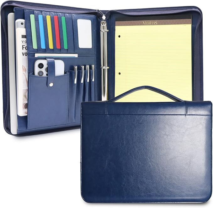 Faux Leather Portfolio with Handle, 3-Ring Padfolio Organizer for 13.9-Inch Laptop/Tablet, A4 Legal Pad Holder, Multi-Pocket Business Folder for Work, Office, Meetings & Daily Commute (Blue)
