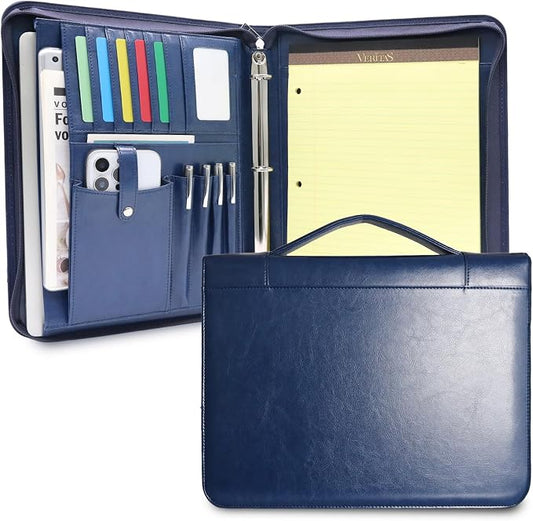 Faux Leather Portfolio with Handle, 3-Ring Padfolio Organizer for 13.9-Inch Laptop/Tablet, A4 Legal Pad Holder, Multi-Pocket Business Folder for Work, Office, Meetings & Daily Commute (Blue)
