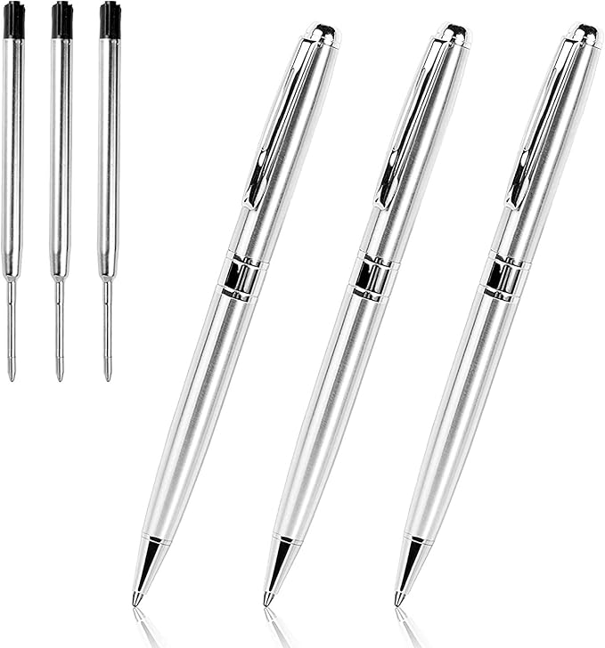 Cambond Ballpoint Pens Black Ink - Weighted Metal Twist Silver Pens for Police Uniform Flight Attendant Business, 1.0 mm Medium Point Smooth Writing, 3 Pens with 3 Refills (Silver)