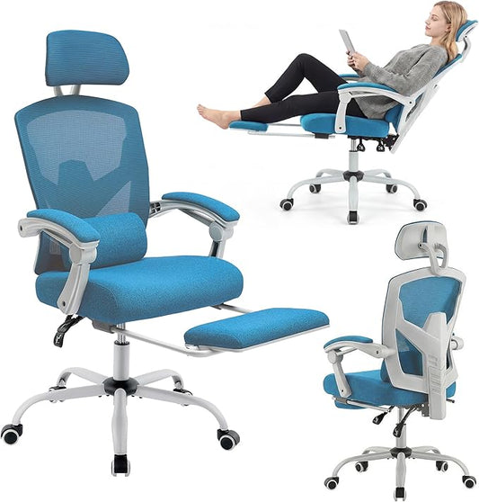 Ergonomic Desk Chair, High Back Office Chair with Wheels, Elegant Blue | Computer Chair with Footrest, Swivel Reclining Gaming Chair with Headrest, Comfy Armrest for Home, Office, Work, Study