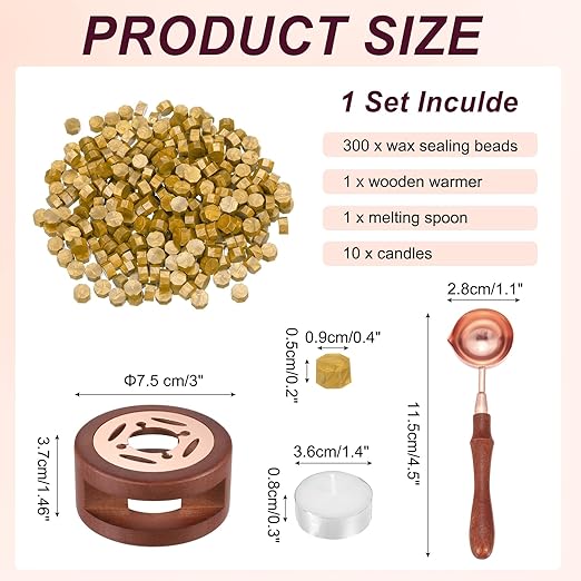 PATIKIL Wax Seal Kit, 300 Pcs Wax Sealing Beads, Wooden Warmer, Melted Spoon, 10 Pcs Tealight Candles for Envelope Letter Mailing Crafts DIY, Gold