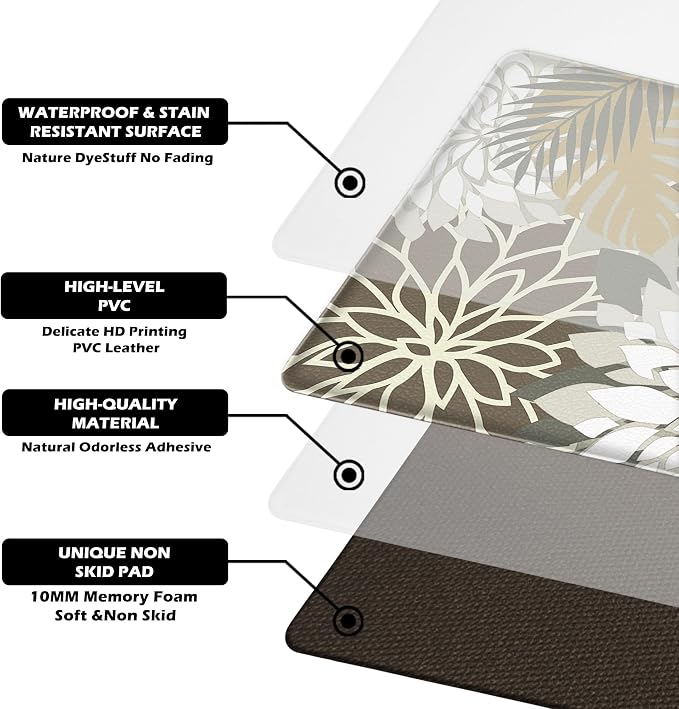Kitchen Mats for Floor 2PCS Cushioned Anti Fatigue Kitchen Mats Waterproof Non Slip Kitchen Mat Rug Set Comfort Foam Standing Mat for Sink, Laundry, Office,17.3" x 28" + 17.3" x 47", Brown White