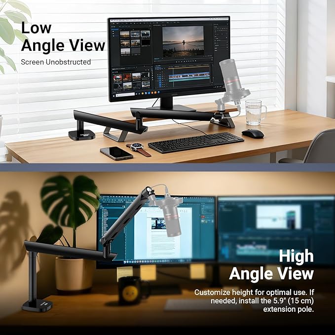 NEEWER Low Profile Mic Boom Arm Desk Mount, Microphone Boom Arm with 360° Ball Head & Cable Management Channels, 1/4" 3/8" 5/8" Threads for Podcast Streaming Gaming Recording, Max Load 3.3 lb, MS007