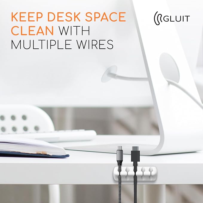 GLUIT Cord Organizer for Desk, Cable Holder for Nightstand, Charger Organizer, Adhesive Desktop Wire Clips, Multislot Cable Management, Table Organizer Accessories (White, 20 Pack, 30 Slots)