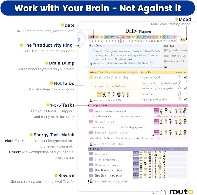 ADHD Planner for Adults – Undated Daily Executive Function Planner with Energy Task Management & Focus Tools, GRANROUTO B5 Hardcover Productivity Journal, Time Blindness & Neurodivergent Organizer
