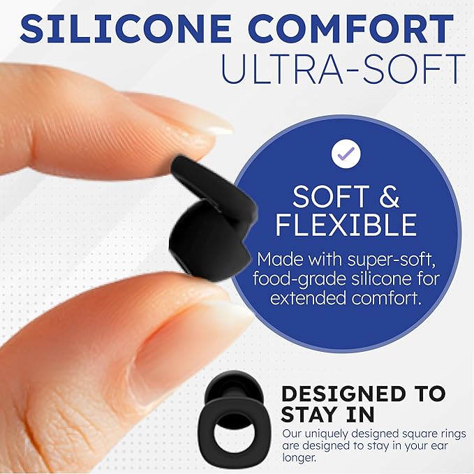 Tranquilo Ear Plugs for Sleeping, Up to 28dB Noise Reduction – Soft Reusable Silicone Earplugs for Snoring, Side Sleepers, Travel & Study – 8 XS-L Tips + Carrying Case (Black)