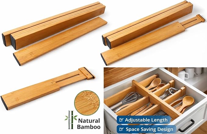 Bamboo Drawer Dividers, 16.5"-22" Adjustable Expandable Organizers, 4 Pack, Tension Mount, Slip Resistant, for Kitchen and Home