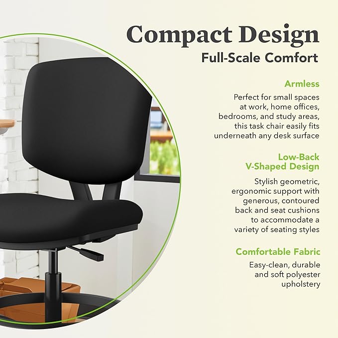 HON Volt Standing Desk Chair with Footring, Armless Ergonomic Task Stool with Center‑Tilt Recline, Adjustable Height Seating for Computers, Desks, and Sit‑Stand Workstations, Black