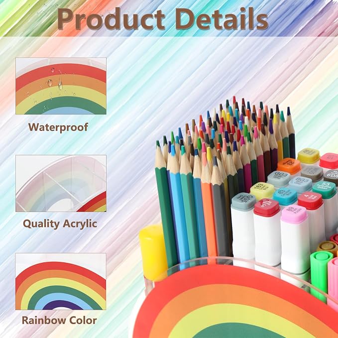 Acrylic Pen Pencil Holder Clear Desk Organizer, Rainbow Home Office Desk Pen Storage Stand, Corner Desktop Stationery Organizer for Women Kids Students School Art Supplies