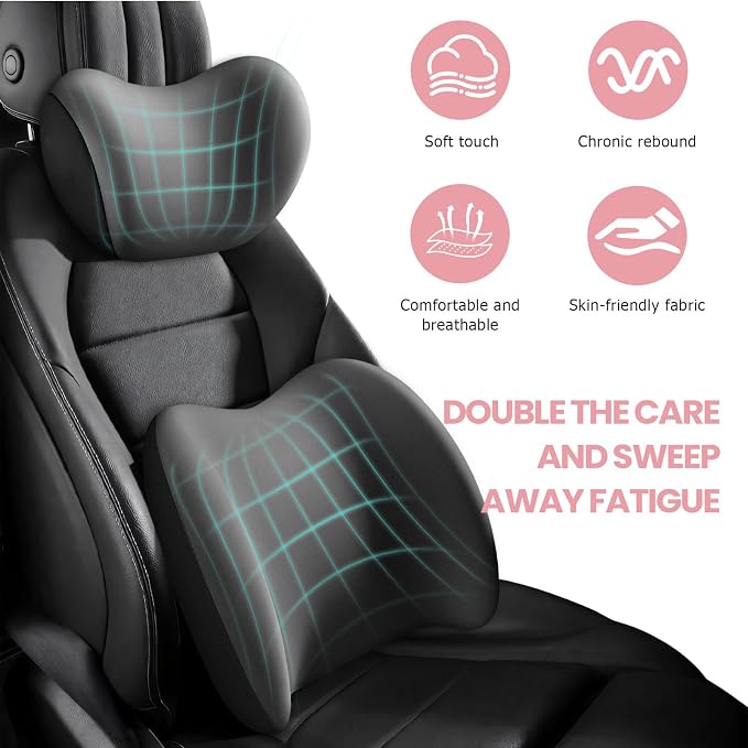 2 PCS Car Headrest & Lumbar Support Cushion, Ergonomic Memory Foam Lumbar Pillow Neck Rest Cushion, Breathable Back Pillow & Headrest Support for Driving Seat, Car Accessories (Gray)
