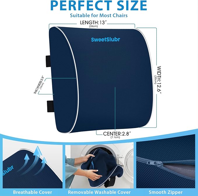 SweetSlubr Lumbar Support Pillow for Office Chair, Car Seats and Home Desks, Ergonomic Back Support with Double Adjustable Straps, Machine Washable Cover, Blue