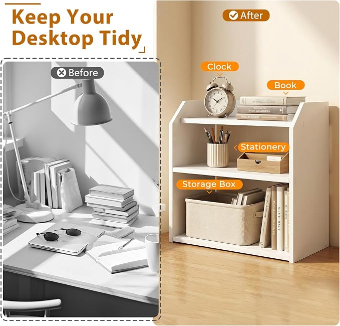 Tangkula 3-Tier Desktop Bookshelf, Wooden Countertop Bookcase with Guardrails, Space-Saving Desk Display Hutch Shelf, Modern Tabletop Storage Organizer for Study Room, Office and Dormitory (1,White)