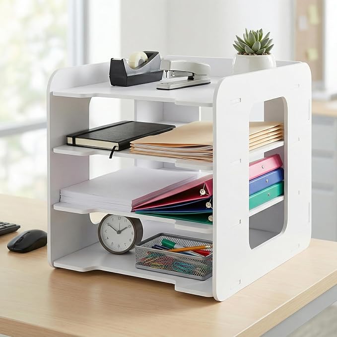Desk Organizer, 4-Tier File Organizer for Desk, Letter Tray Paper, Desktop Document Sorter for Letter, File Folder Holder with Pen Holder for Office, Home or School- White MLT001W4