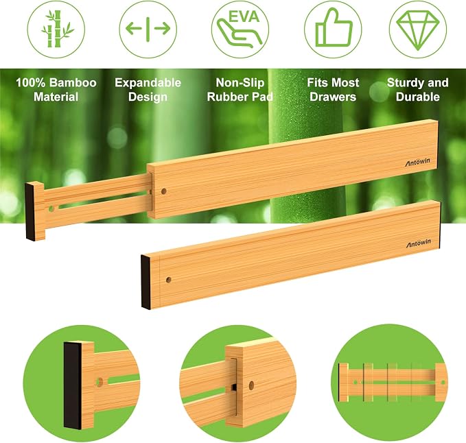 Bamboo Drawer Dividers Organizers 16pcs, Expandable Drawer Separators Splitter, 17-22 inches Long Adjustable Spring-loaded Organizer for Large Utensil, Clothes, Tools Drawers (8+8)