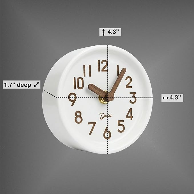 Driini Wooden Analog Desktop Clock – 4.3 in. Decorative Pinewood, No-Tick Design – Easy to Read Silent Sweep Mantle Clock – Quiet Tabletop Clocks with Wood Body, Hands, & Battery Cover; White