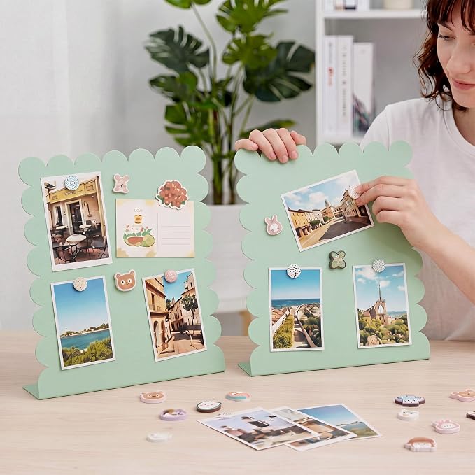 Gueevin 2 Pcs Magnet Board Standing Magnetic Metal Board for Desk and Wall Scalloped Magnetic Display Stand for Memos Photos and Documents Home Office School Desk Storage Decoration(Green,Medium)