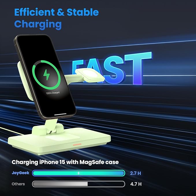 3 in 1 MagSafe Foldable Wireless Charger: JoyGeek Travel Ready Magnetic Stand for iPhone 17 16 15 Plus, Apple Watch 11 10 9, AirPods Max (Green)