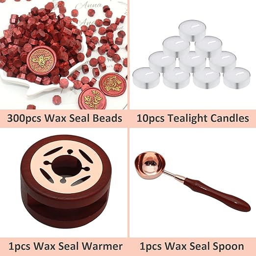 Wax Seal Beads Kit - 300pcs Wine Red Sealing Wax Beads with Wood Melting Warmer, Spoon & 10 Mini Candles for Stamp Seals, Wedding Invitation, Envelope, Cards, Gift Wrapping Decorations