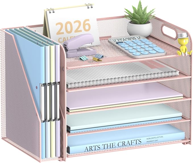 5-Tier Desk Organizer with File Holder, Paper Organizer for Desk, Pink | 5 Letter Trays and Vertical File Holder with Metal Mesh Frame for Papers Folders Books and Mail in Office Home or School