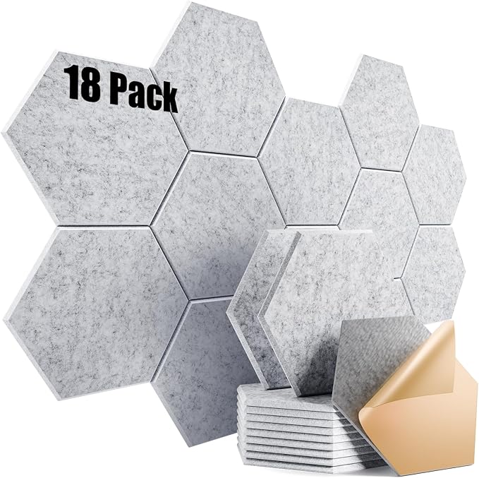 18 Pack Self-adhesive Acoustic Panels 12" X 10" X 0.4" - Sound Proof Foam Panels for wall with High Density, Hexagon Design, Flame Resistant, Absorb Noise and Eliminate Echoes(Silver Gray)