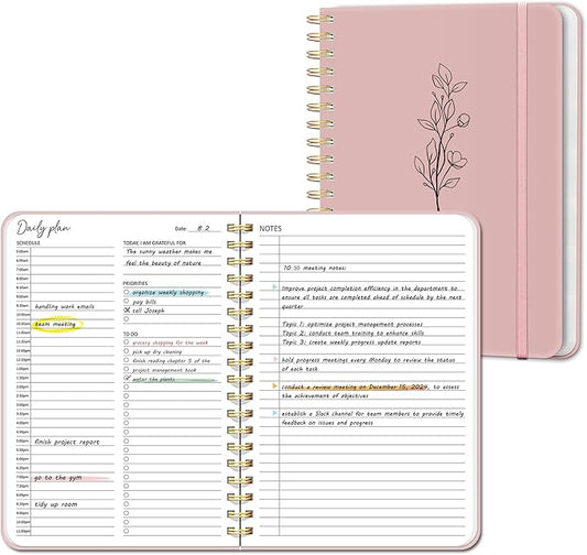 Undated Daily Planner With Hourly Schedule, To Do List Spiral Notebook, Easily Organize Your Work Tasks And Appointments, Perfect School Or Office Supplies For Organizing & Planning, 7.5"x10", Pink