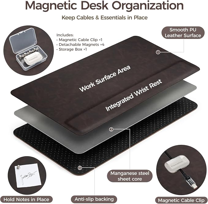 Magnetic Desk Mat System with Wrist Support 80×40cm, Premium Leather Desk Pad with Magnetic Accessories, Waterproof Non-Slip Desk Organizer for Office & Gaming