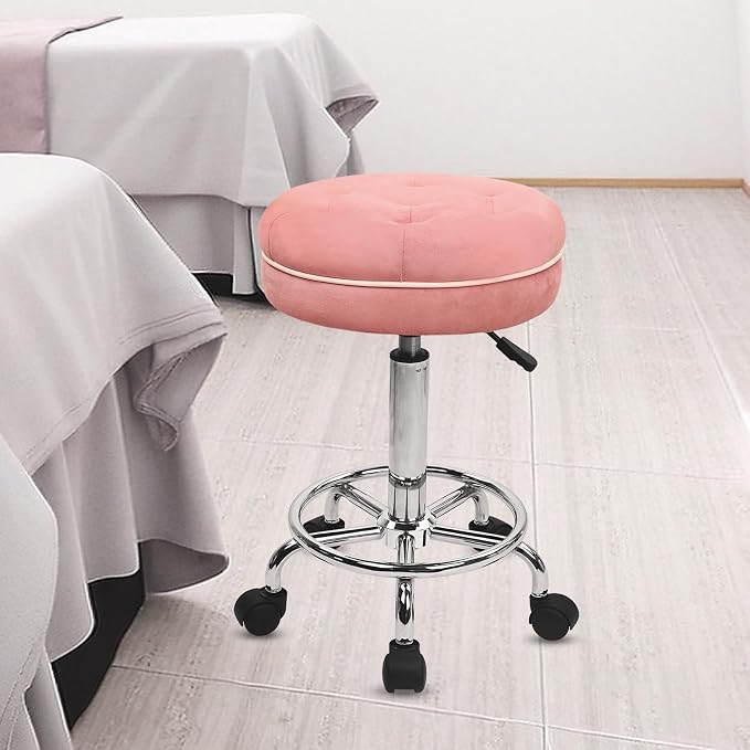 KLASIKA Velet Rolling Bar Stool with Wheels, Tall Drafting Stool with Adjustable Height and Footrest, Multi-Purpose Office Desk Chair for Home Kitchen Shop Work, Pink (4PK)