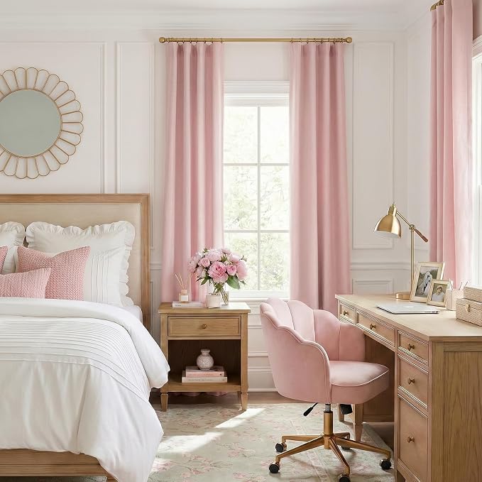 INOVADAY 100% Blackout Curtains for Bedroom, Black Out Curtains 96 Inch Long, Clip Rings Linen Blackout Drapes, Thermal Insulated Room Darkening for Living Room, 2 Panels - Baby Pink,W50xL96