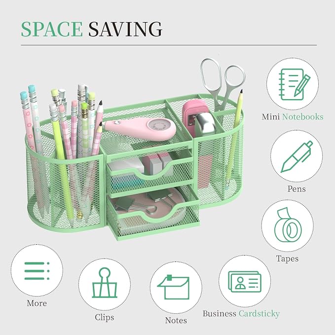 Mesh Desk Organizer, Desk Organizers and Accessories, Pen Holder with Drawers, Pencil Holder for Desk with 2 Drawer for Office Supplies, Mint Green