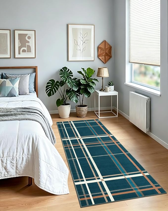 Terrug Plaid Runner Rugs for Kitchen, Blue 2x6 Checkered Area Rug Washable with Non Slip for Bedroom, Soft Low Pile Stain Resistance Carpet for Entryway Hallway
