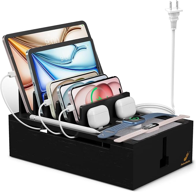 Pezin & Hulin Bamboo Charging Station for Multiple Devices -Black | USB Charger Dock Organizer, with Power Supply (10 Ports HUB), 6 Cables, Cable Management Organizer for Cell Phones, Tablet