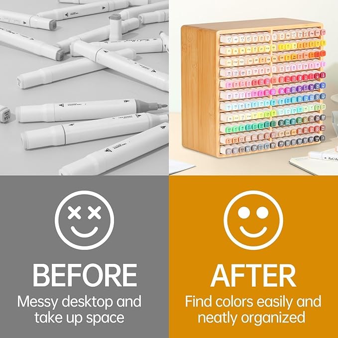 walowalo Marker Organizer Hold 176 Markers Alcohol Marker Storage Bamboo Pen Holder Art Supply Pencil Storage Organizer Gift 22 Compartments All-in-One Marker Storage for Home Office Desk Classroom