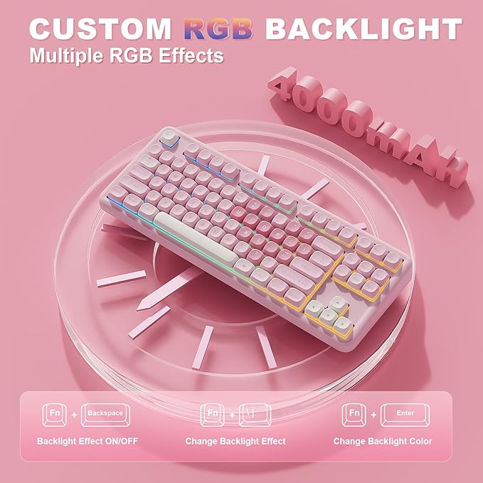 YUNZII B87 Wireless Mechanical Keyboard,QMK/VIA Programmable,TKL Layout 87 Keys,BT/2.4G/USB-C,Hot Swap Gasket Mount RGB Backlit Gaming with Wrist Rest for Win/Mac (Pink, Milk V2)
