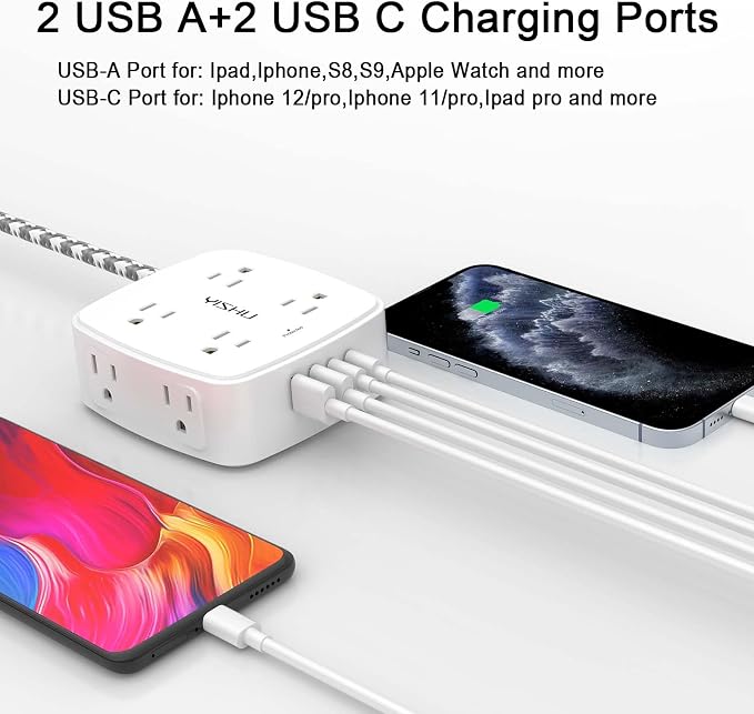 Surge Protector Power Strip - YISHU 8 Outlets with 4 USB (2 USB C) Charging Ports, 6Ft Braided Extension Cord, Flat Plug Multi Plug Outlet Extender Charging Station for Home Office, ETL, White