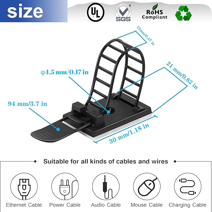 Adjustable Adhesive Cable Management Clips for Desk, Black, 50 Pcs | Large self Adhesive Cable Ties Clips,Suitable for desks or wall adhesive wire organizer extension cord management clips