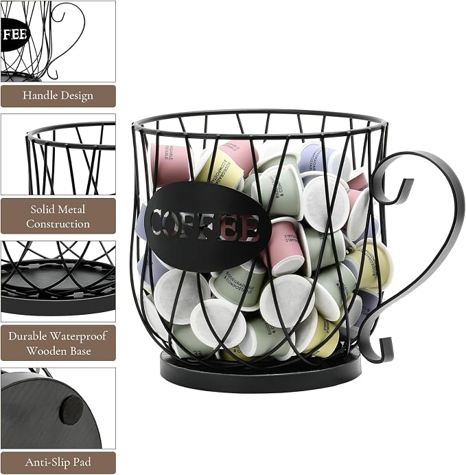 Coffee Pod Holder Organizer, Large Capacity K Cup Holder Organizer, Storage Basket for Kitchen Countertop Office Coffee Bar with Wooden Base(Rustic Black-Round)