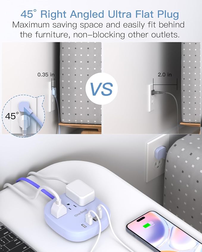 Cruise Ship Travel Essentials, 22.5W/4.5A Flat Plug Power Strip, 6Ft Extension Cord, 3 Outlets 4 USB Ports (2 USB C) Cruise Approved Power Strip No Surge Protection, Desktop Charging Station, Purple