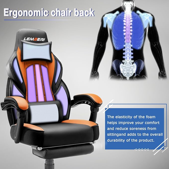 LEMBERI Big and Tall Gaming Chair 400lb Capacity, Heavy-Duty Office Chair with Reinforced Footrest, Wide Seat High Back PC Desk Chair with Linkage Armrests, Thickened Steel Frame, PU Leather, Orange