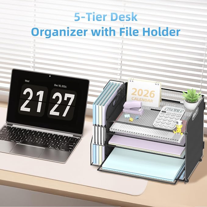 5-Tier Desk Organizer with File Holder, Paper Organizer for Desk, Black | 5 Letter Trays and Vertical File Holder with Metal Mesh Frame for Papers Folders Books and Mail in Office Home or School