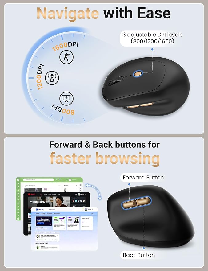 Ergonomic Vertical Wireless Mouse, 57°, Small/Medium Hands, Black | Rechargeable, Quiet Click, 800/1200/1600 DPI, 2.4GHz USB Receiver, Forward/Back Buttons, Computer Mouse for Laptop PC Mac