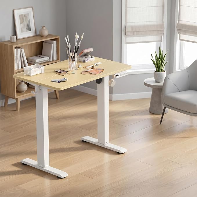 Claiks Electric Small Standing Desk, 35x20 Inch, Nature | Adjustable height for sit-stand, 156lbs capacity, scratch-resistant surface, 3 memory presets, cable management & hook.