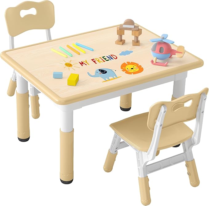 DOREROOM Adjustable Kids Table & 2 Chairs Set, 31.5" L x 23.6" W, Beige-W | Graffiti Desktop,Table Supports 300 lbs,Toddler Ages 2-8，FSC-certified, Children Activity Table for Daycare, Classroom, Home