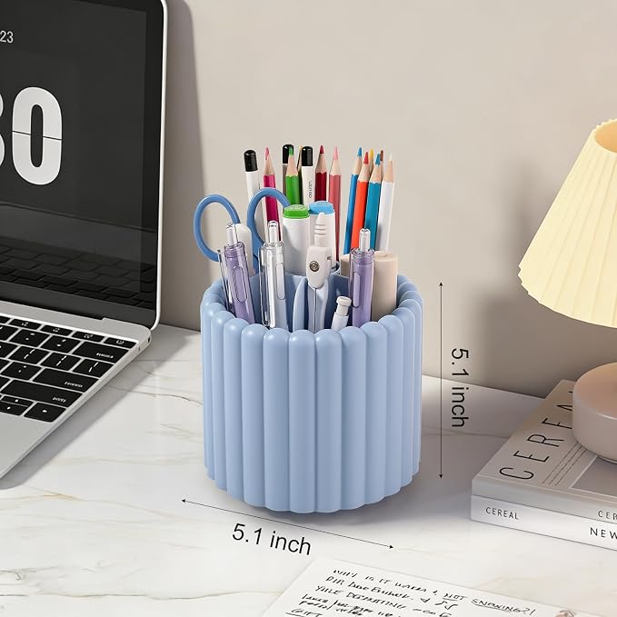 Anyoifax 360° Rotating Pen Holder for Desk Removable Pencil Organizer, Blue | 7 Slots Pen Cup Cute Office Supplies and Accessories Plastic Desktop Storage Box Art Caddy for School, Work, Home