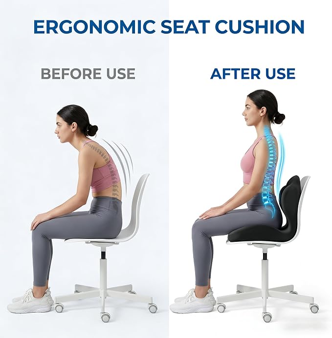 Ergonomic Seat Memory Foam Support Cushion for Back, Car Seat Back Support Cushion for Sciatica Tailbone Pain, Office Desk Chair Car Travel Seat Cushion (Black)