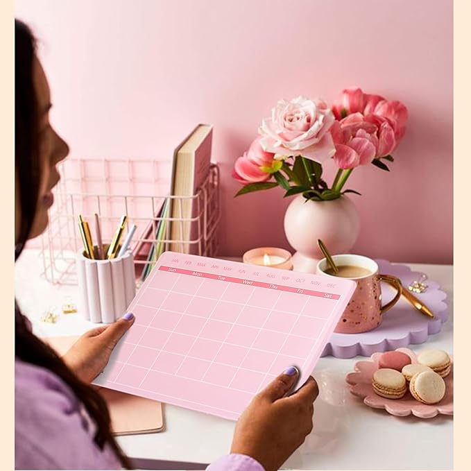 Calendar Dry Erase Board,16"x12",Acrylic Desk Calendar with Stand,Pink Dry Erase Board for Home Office School