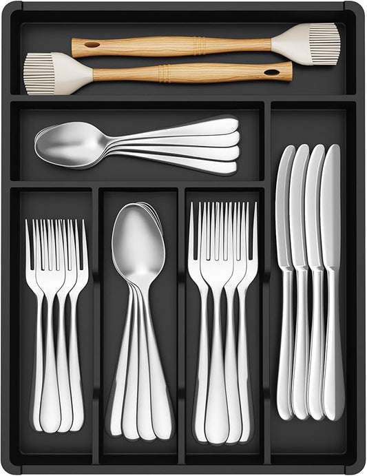 Lifewit Silverware Drawer Organizer Tray, Plastic Cutlery Storage for Kitchen, Flatware and Utensil Holder Divider for Spoons Forks Knives Tableware, 12.3 x 16", 6 Slots, Black