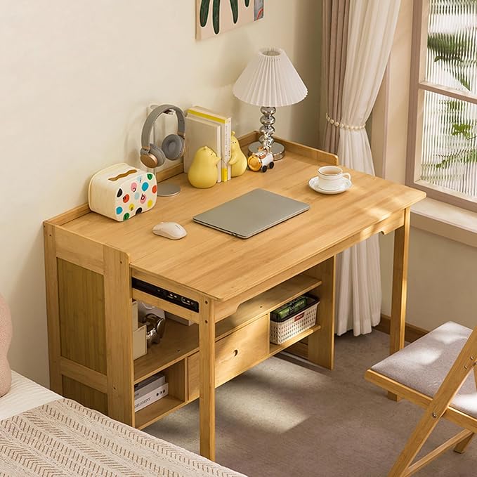 Bamboo Folding Desk with Bookshelf & Drawer, Small Foldable Computer Table, Wooden Space Saving Desks for Home Bedroom Study Office (Natural, 30.3″x27″x30.3″)