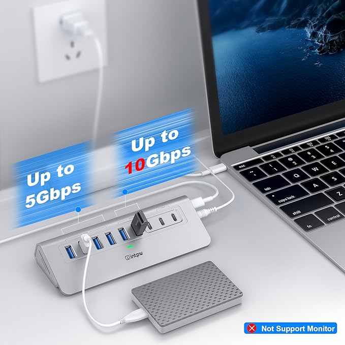YH6AC Plus Powered USB Hub 10Gbps, 11 Port USB 3.2 Hub(USB A/USB C 3.2+4 USB-A 3.0+2 PD 45W Fast Charging Ports+SD/TF Card Reader), 65W Power Adapter,Aluminum USB HUB for PC,Laptop,iPhone 17/16